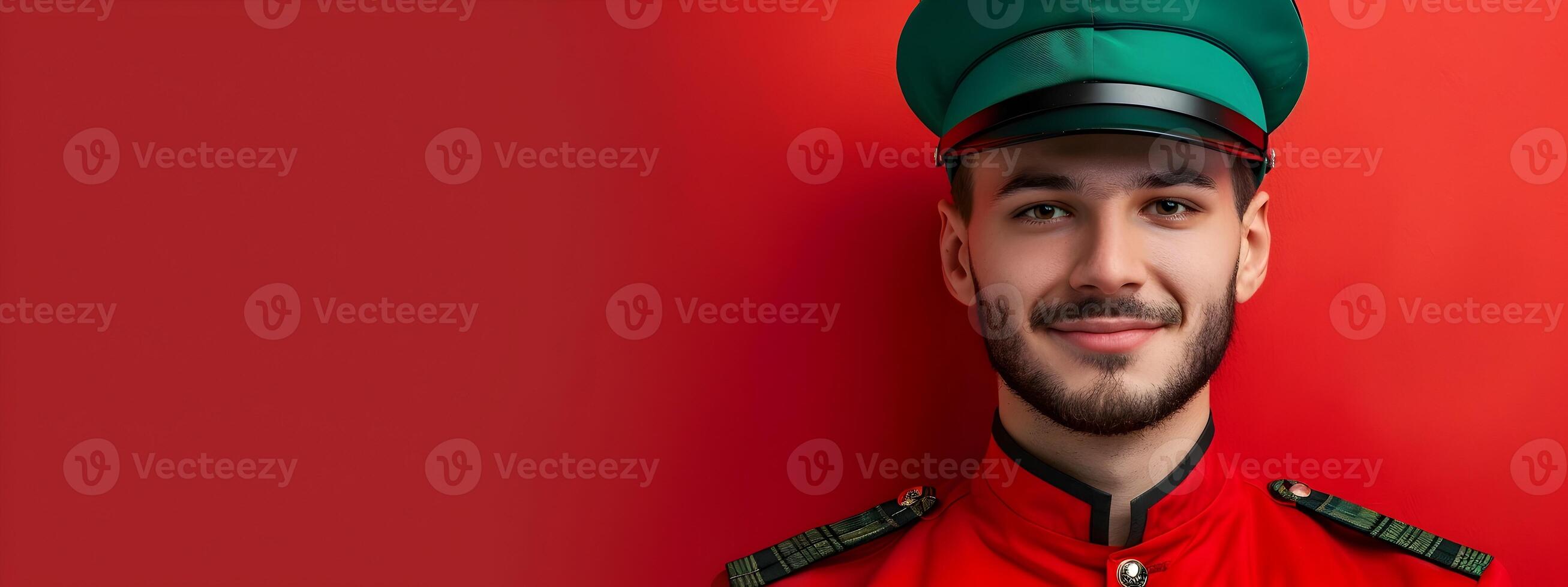 Cheerful Bellhop Posing with Luggage in a Vibrant Hotel Lobby photo
