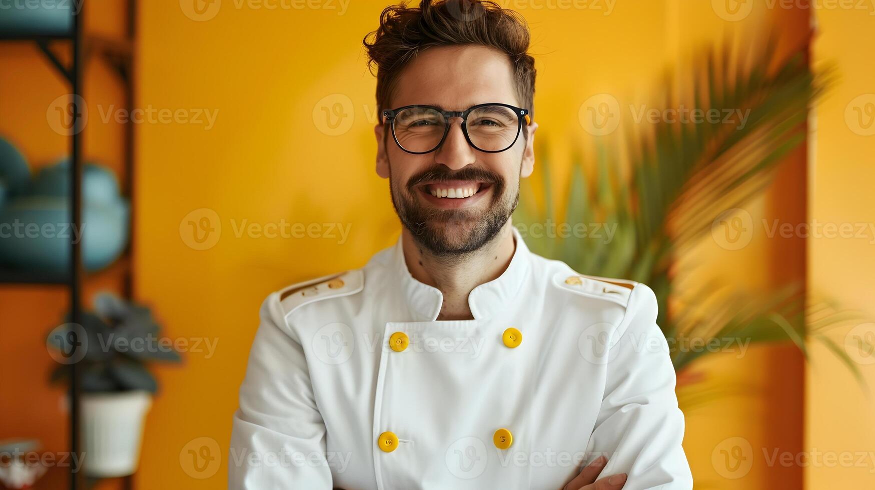 Cheerful Cruise Director Exuding Enthusiasm in a Colorful Portrait photo