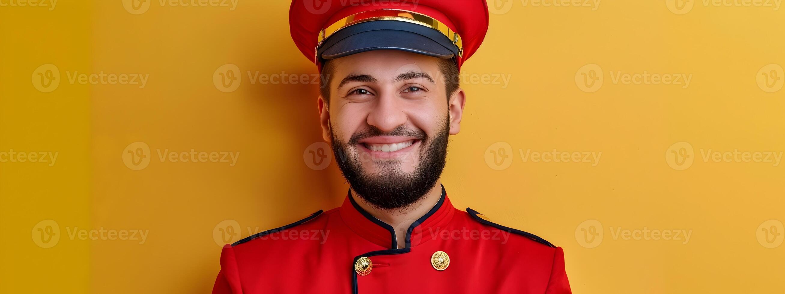 Cheerful Bellhops Vibrant Portrait Showcasing Enthusiasm in Colorful Uniform photo