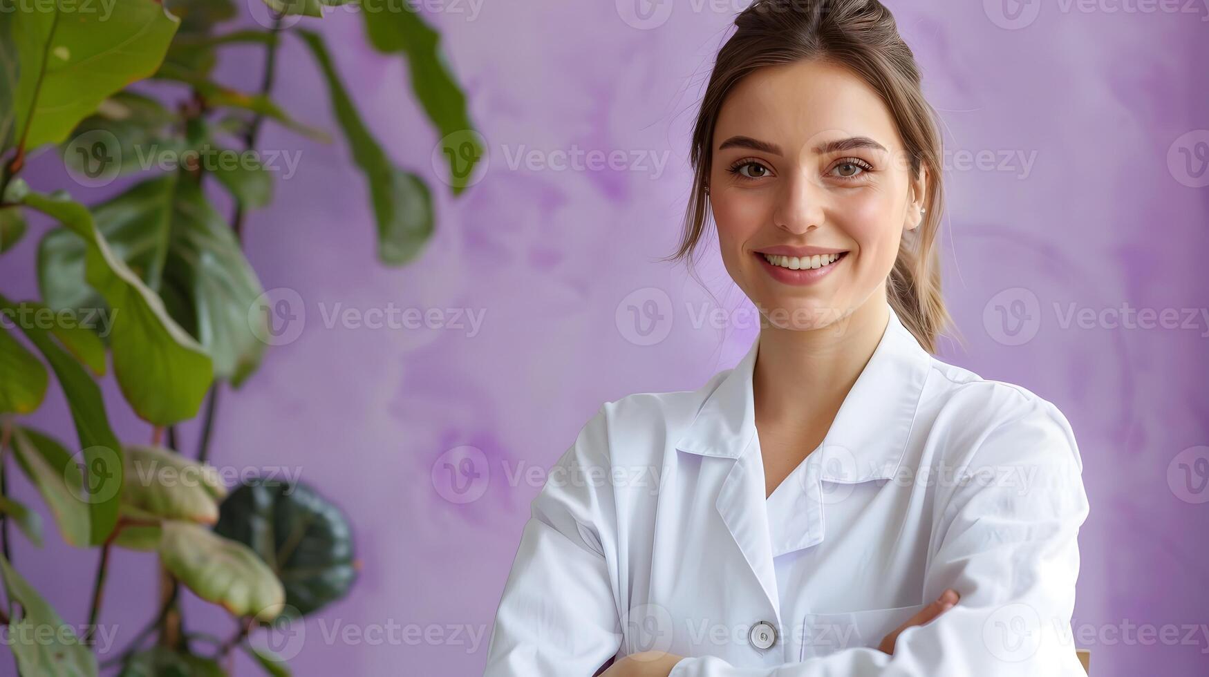 Cheerful Young Therapist Engaged in Empathetic Consultation on Colorful Background photo