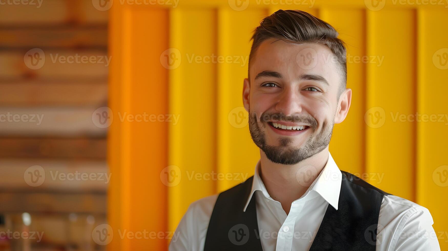 Cheerful Young Lodging Manager Exuding Success in Vibrant Workspace photo