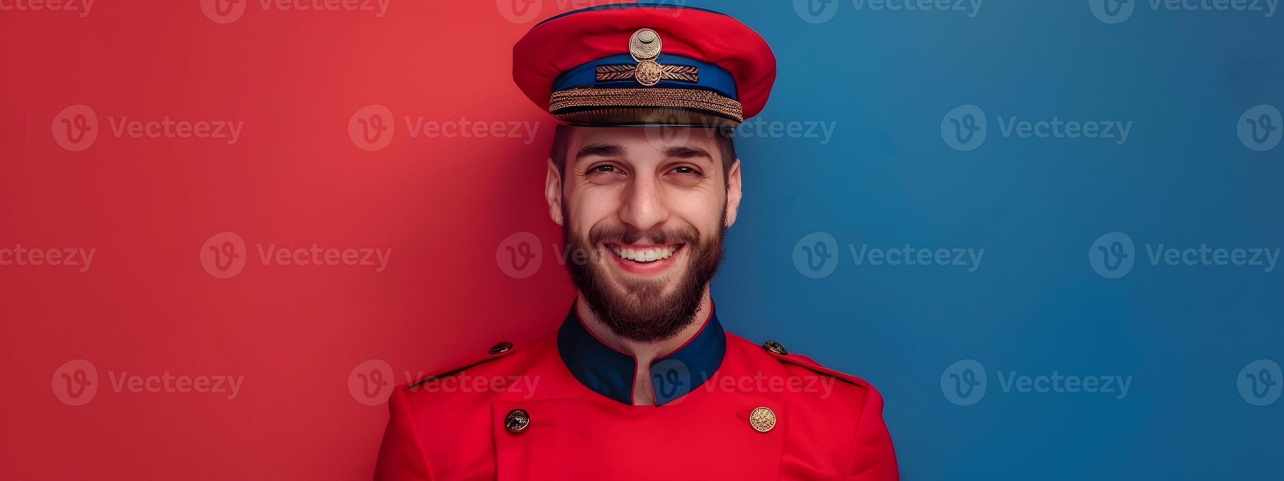 Cheerful Young Bellhop Exuding Enthusiasm in Vibrant Hotel Lobby photo