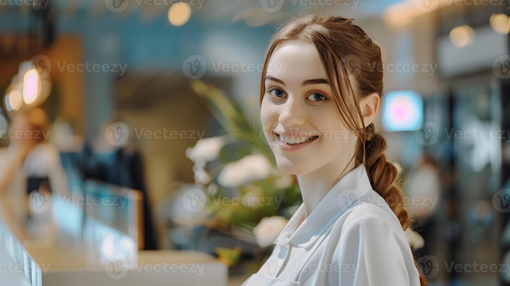 Cheerful Front Desk Associate Excels in Dynamic Office Workspace photo