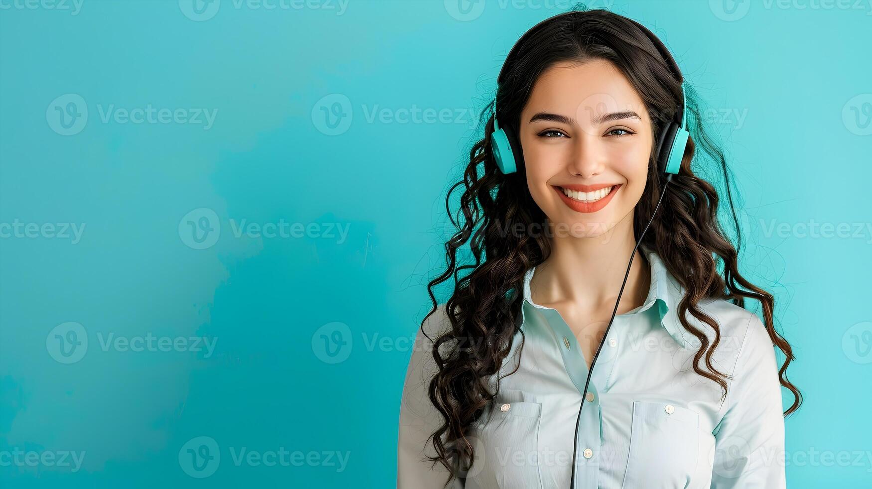 Cheerful Customer Support Representative Excelling in Job Responsibilities on Colorful Background photo