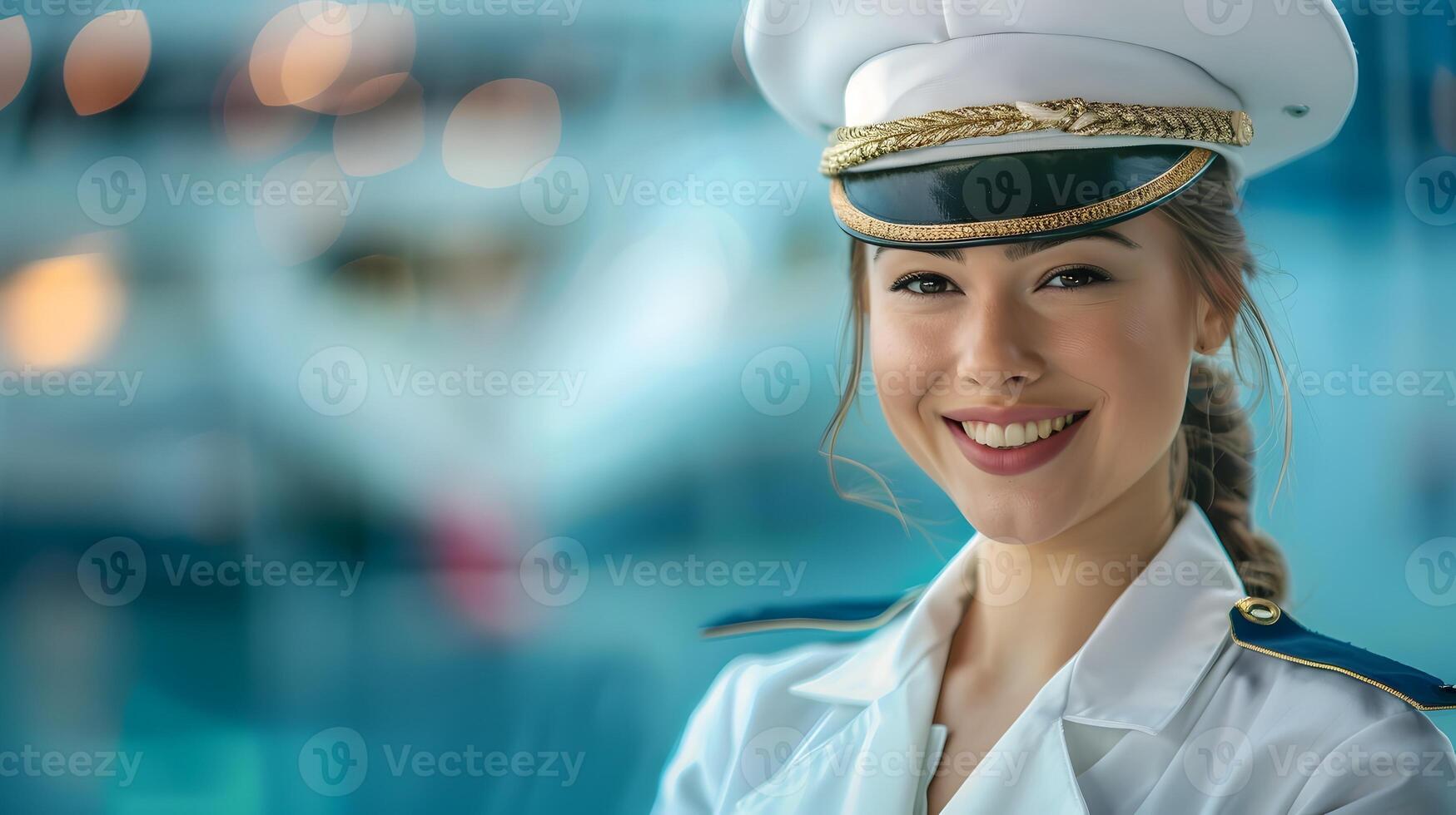 Cheerful Cruise Ship Attendant in Vibrant Uniform Exemplifying Exceptional Service on the Ocean Waves photo