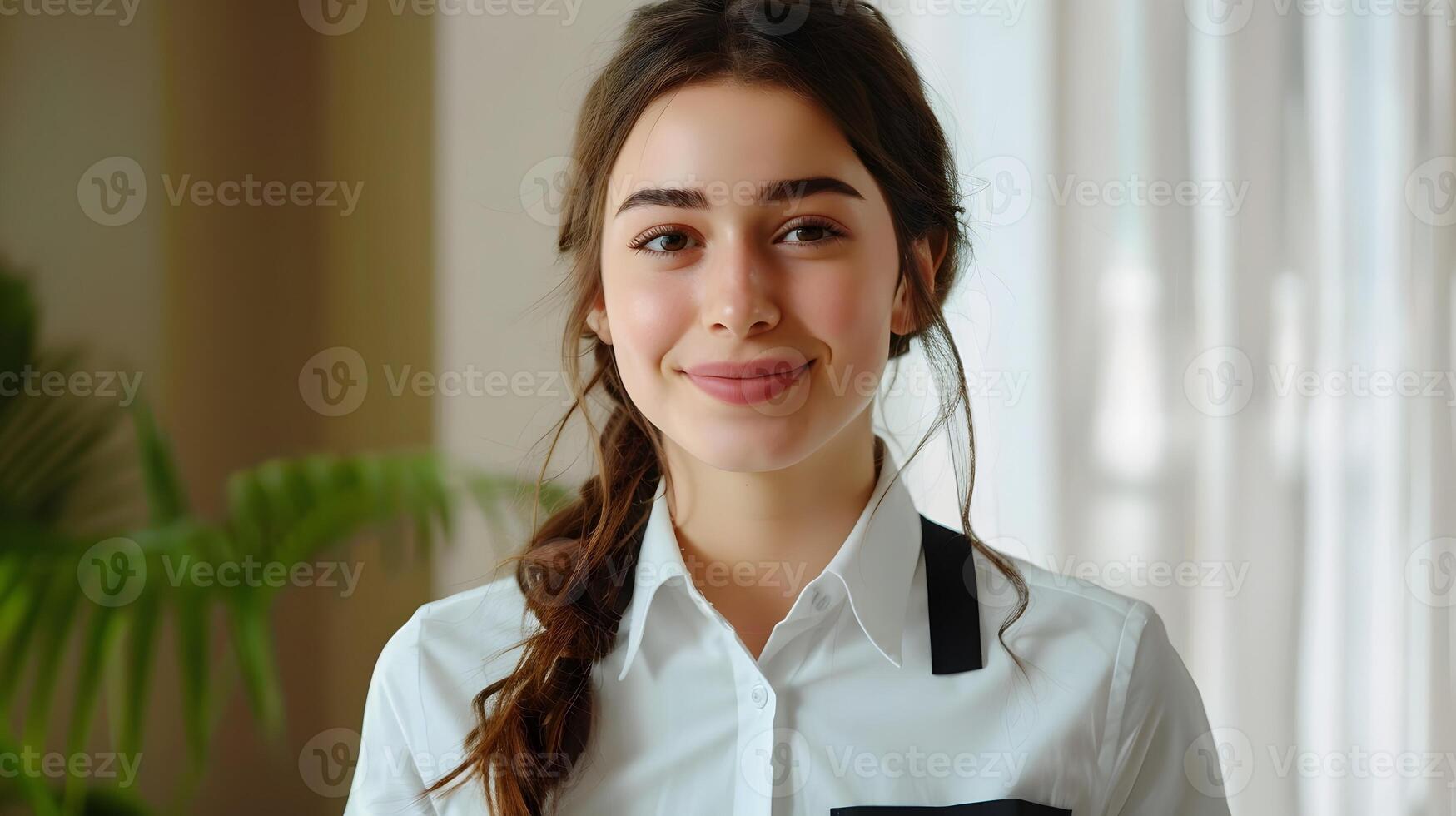 Enthusiastic Young Lodging Manager Excelling at Work on a Colorful Background photo