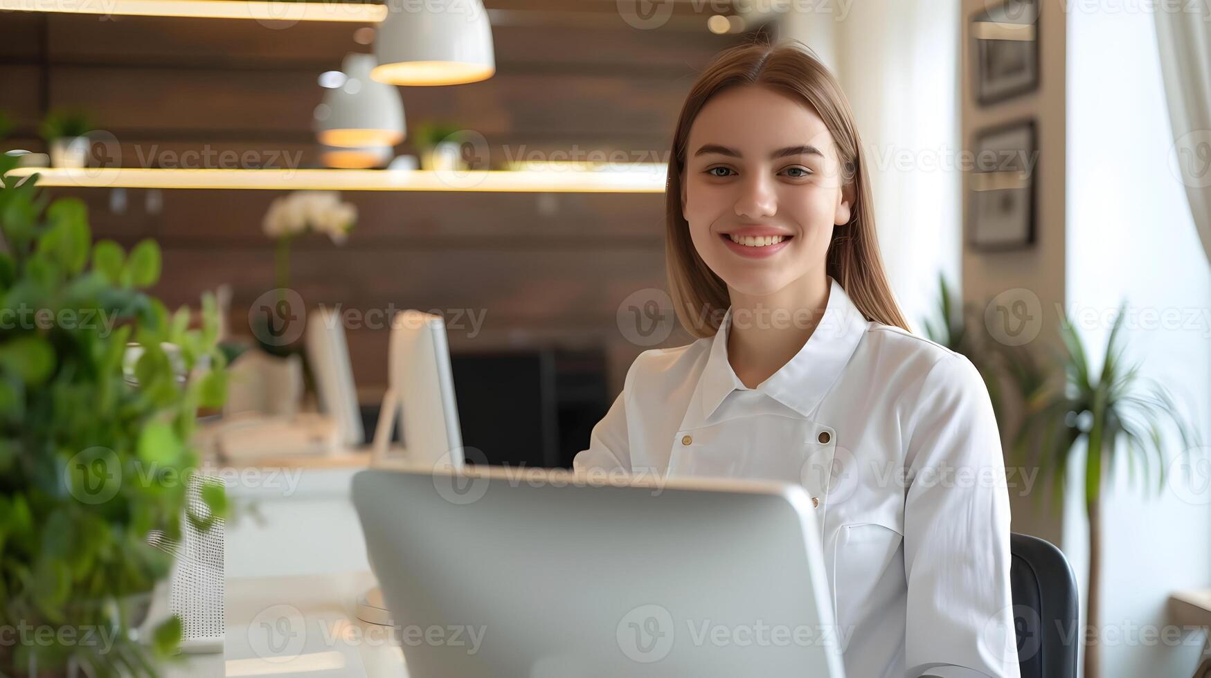 Enthusiastic Front Desk Associate Working with a Smile Professional Service and Communication photo