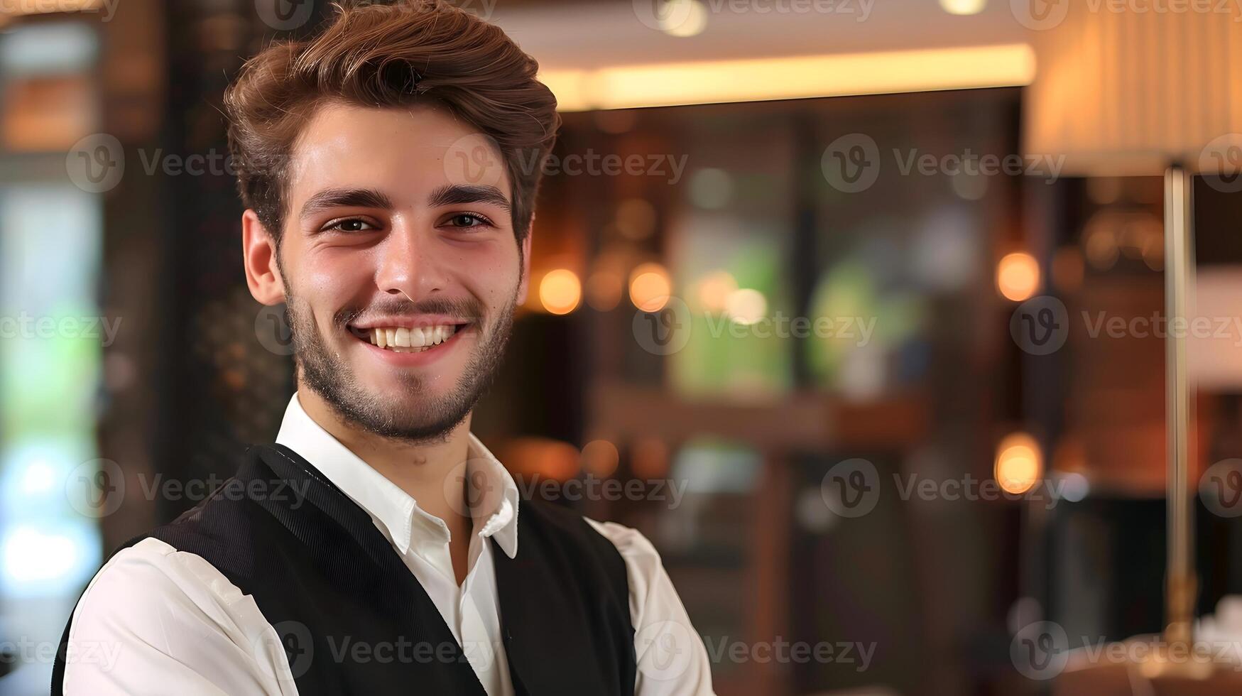 Enthusiastic Young Lodging Manager Working at Front Desk with Key Card and Reservation Check photo