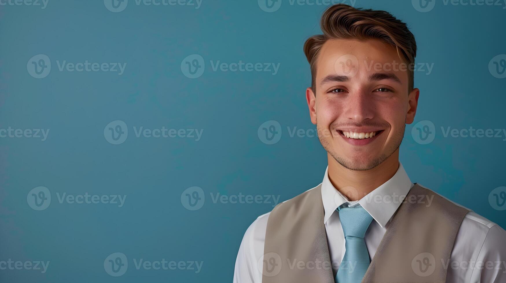 Enthusiastic Young Lodging Manager Excelling at Work on Colorful Background photo