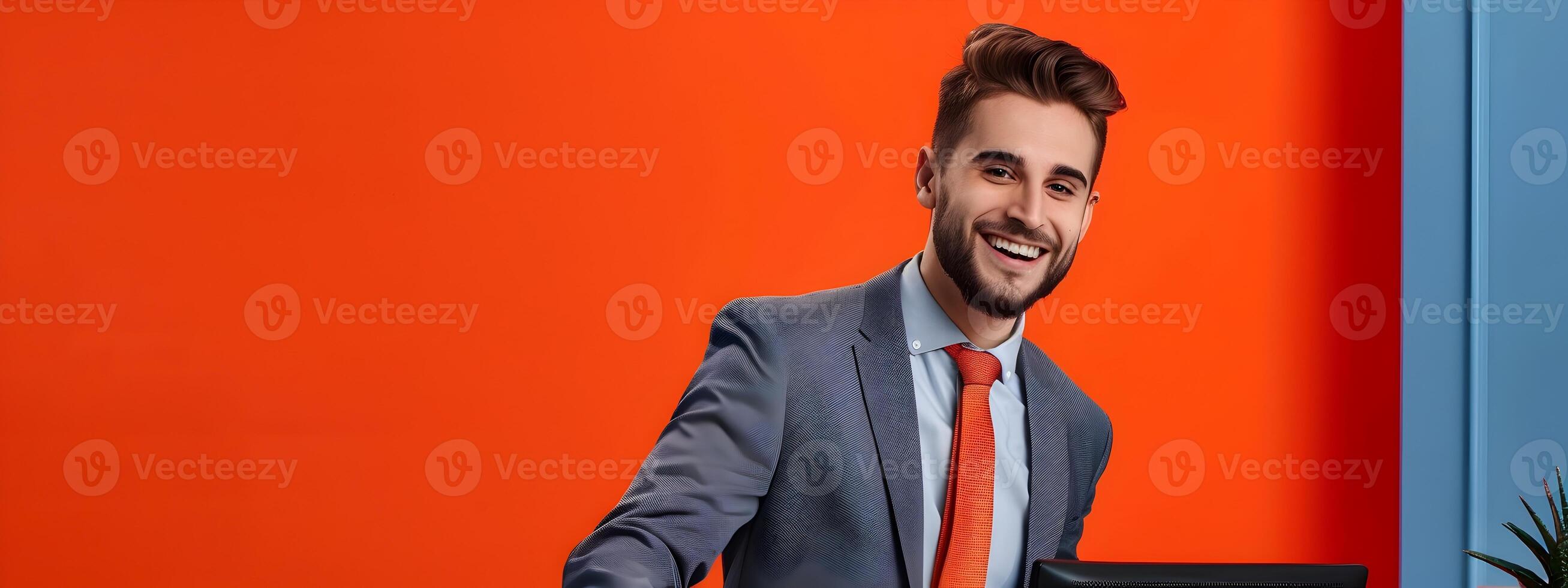 Enthusiastic Young Front Desk Manager Excelling at Work on Colorful Background photo