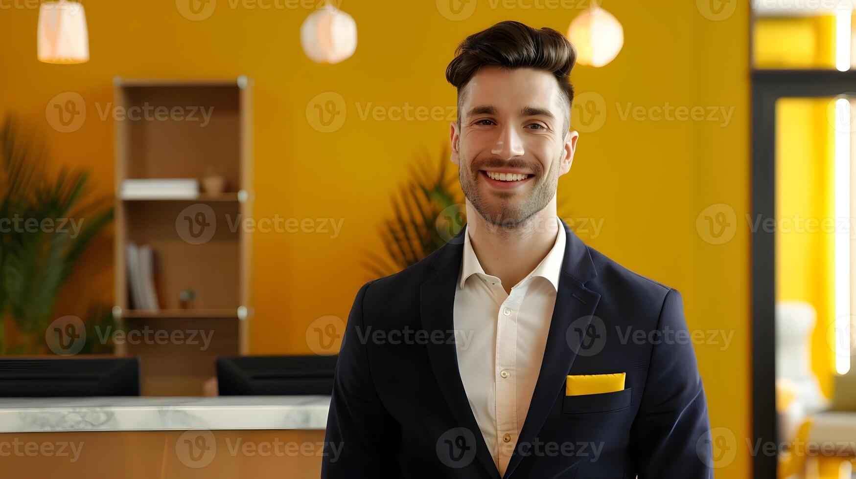 Happy Young Front Desk Manager Excelling in Vibrant Office Workspace photo