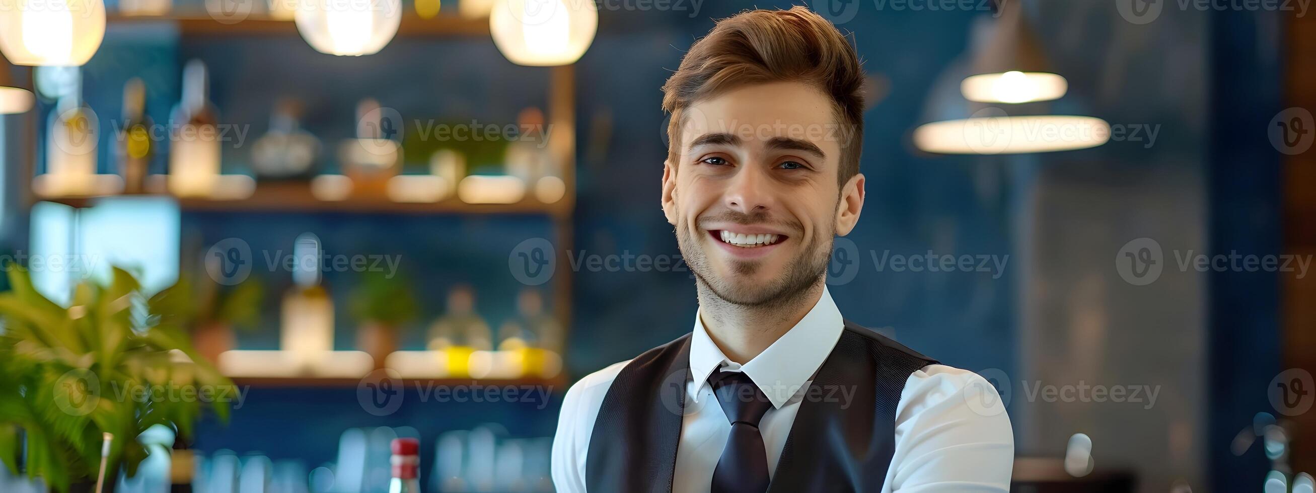 Happy Young Hotel Manager Exuding Professionalism in Vibrant Workspace photo