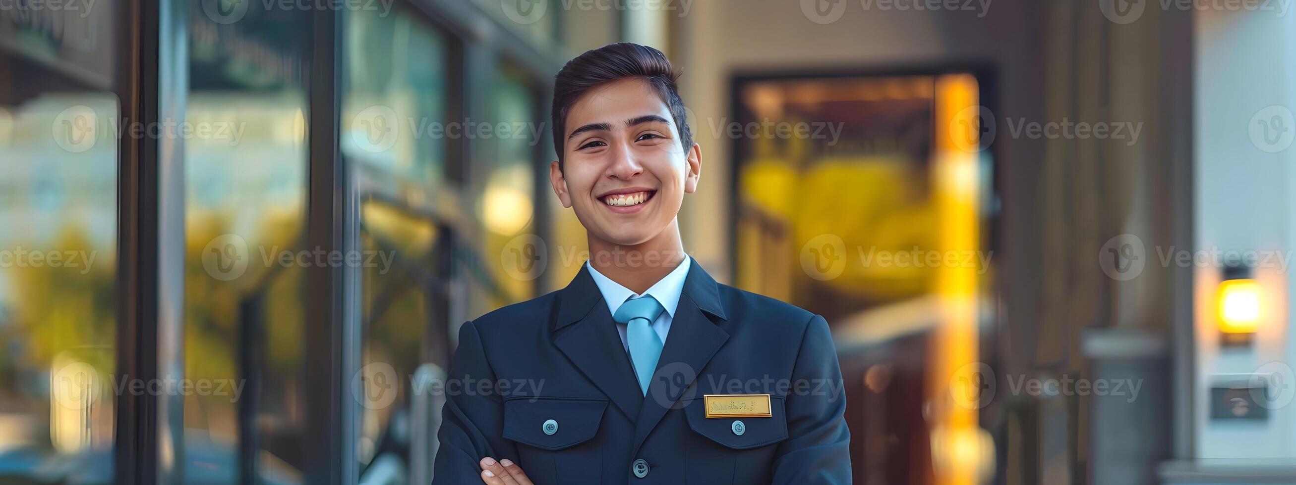 Happy Young Hotel Front Door Greeter Exuding Professional Warmth in a Colorful Setting photo