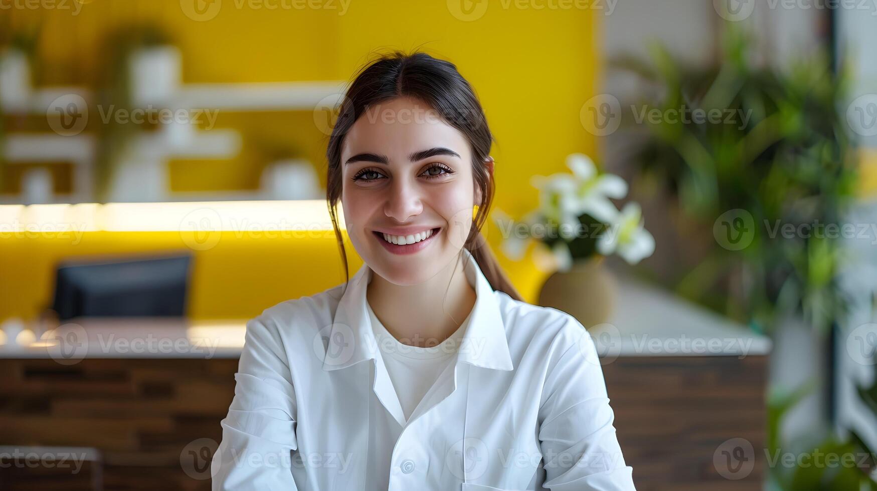 Happy Front Desk Associate Excels in Workplace Exuding Positivity and Professionalism photo