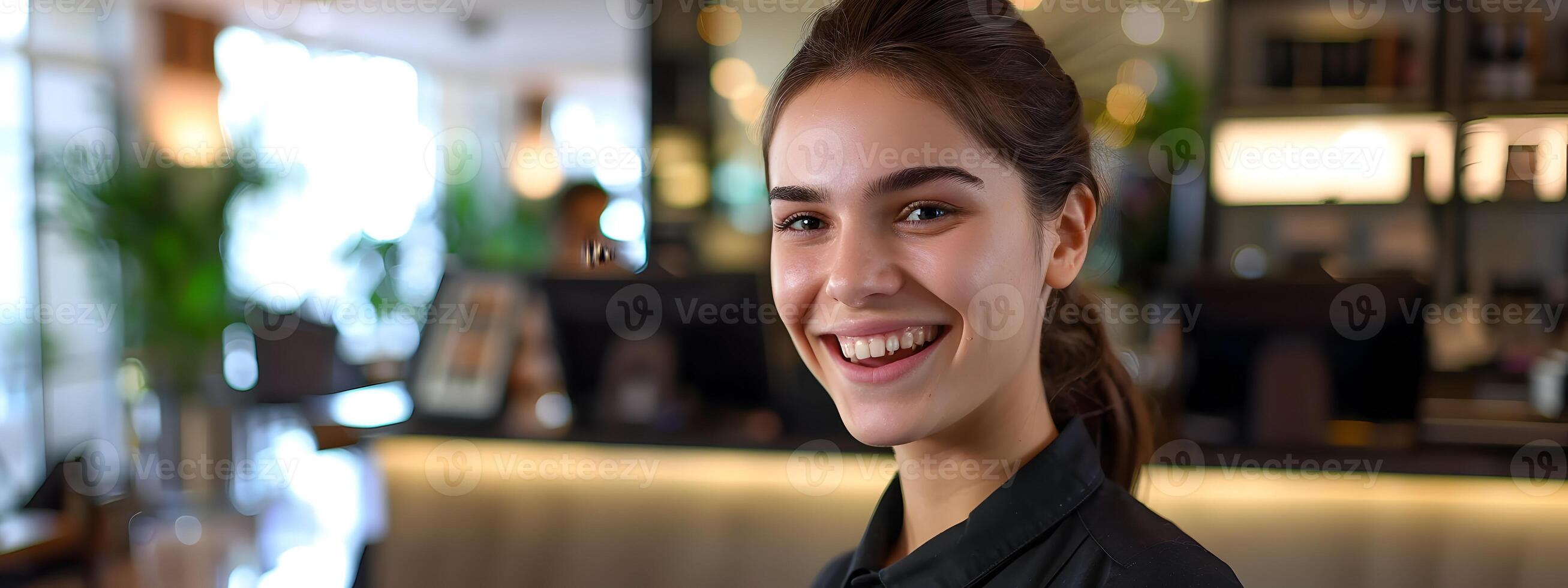 Happy Young Front Desk Associate Excelling in Hospitality Service photo