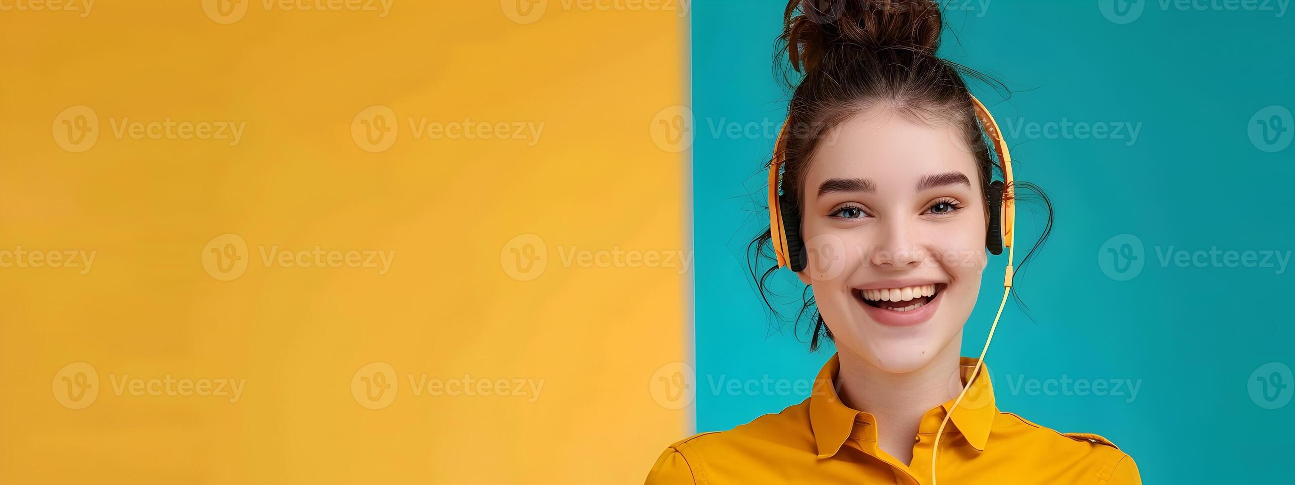 Happy Young Call Center Representative Exuding Pride and Professionalism in a Vibrant Work Environment photo