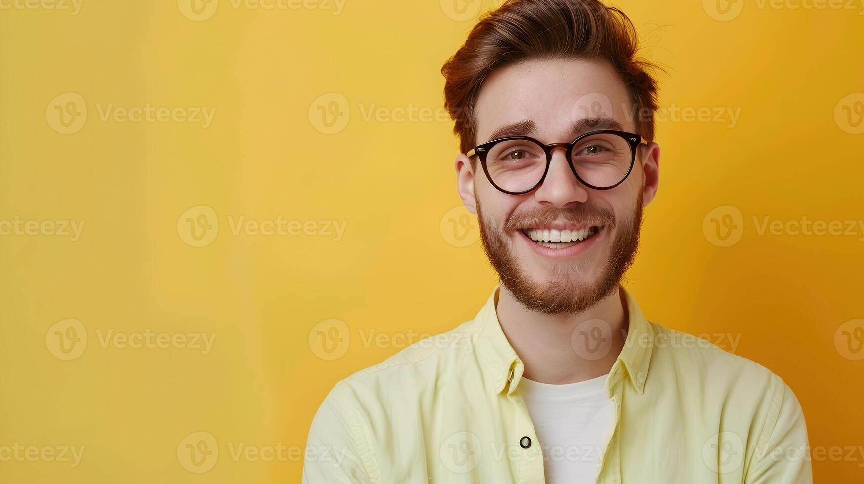 Happy Young Events Manager Exuding Success and Positivity While Working on Colorful Background photo