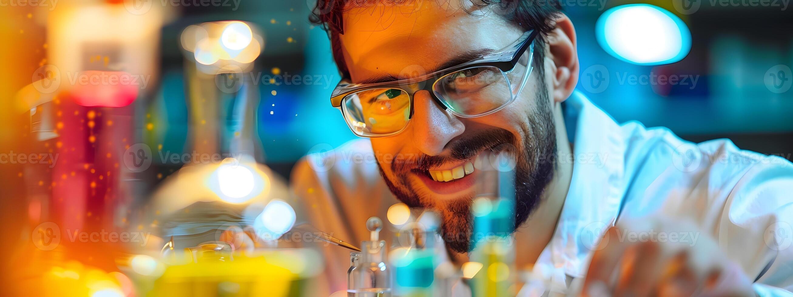 Happy Young Atmospheric Scientist Pursuing Innovative Research on Colorful Background photo