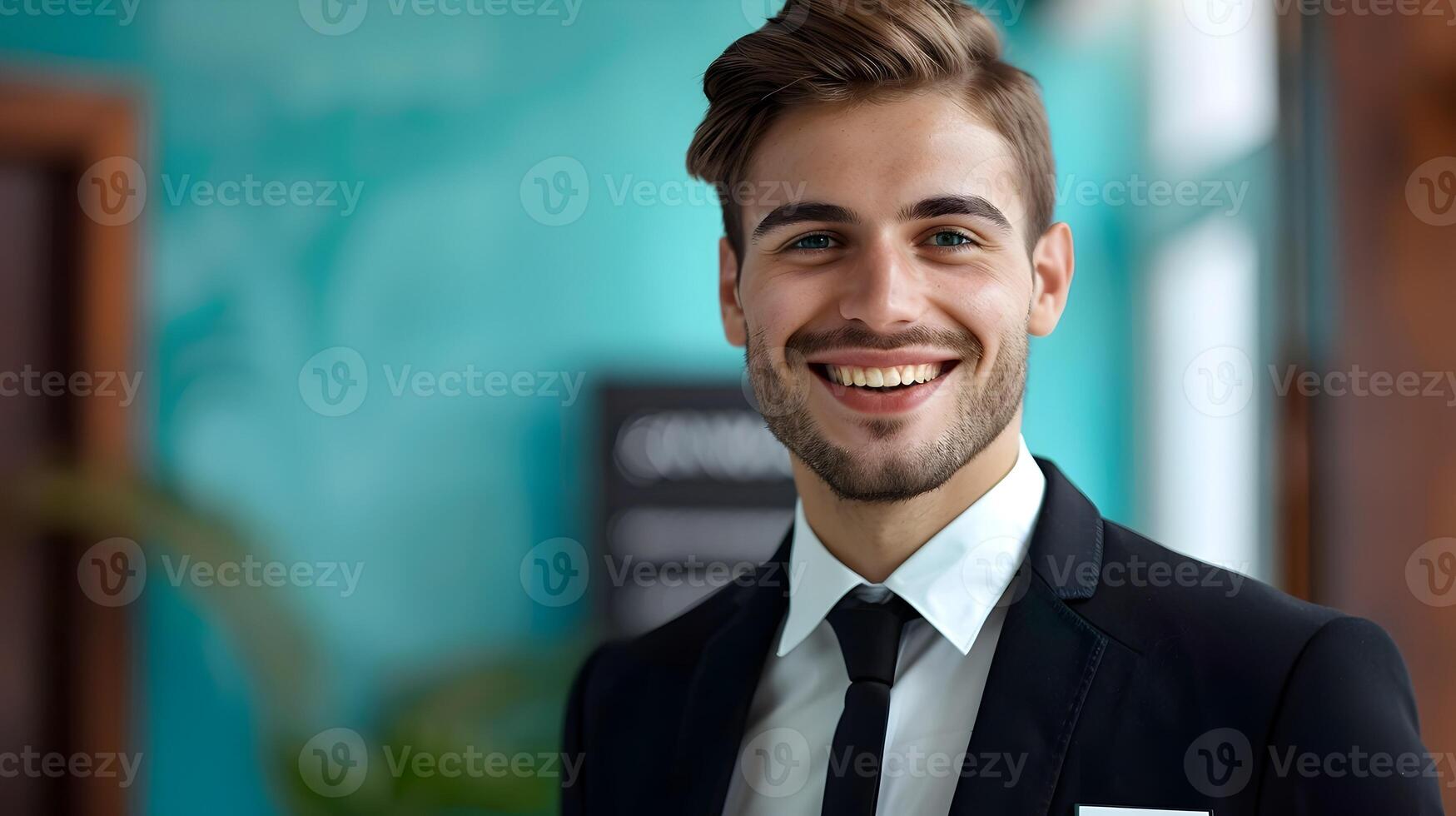 Happy Young Lodging Manager Exuding Professionalism and Success in a Colorful Workspace photo