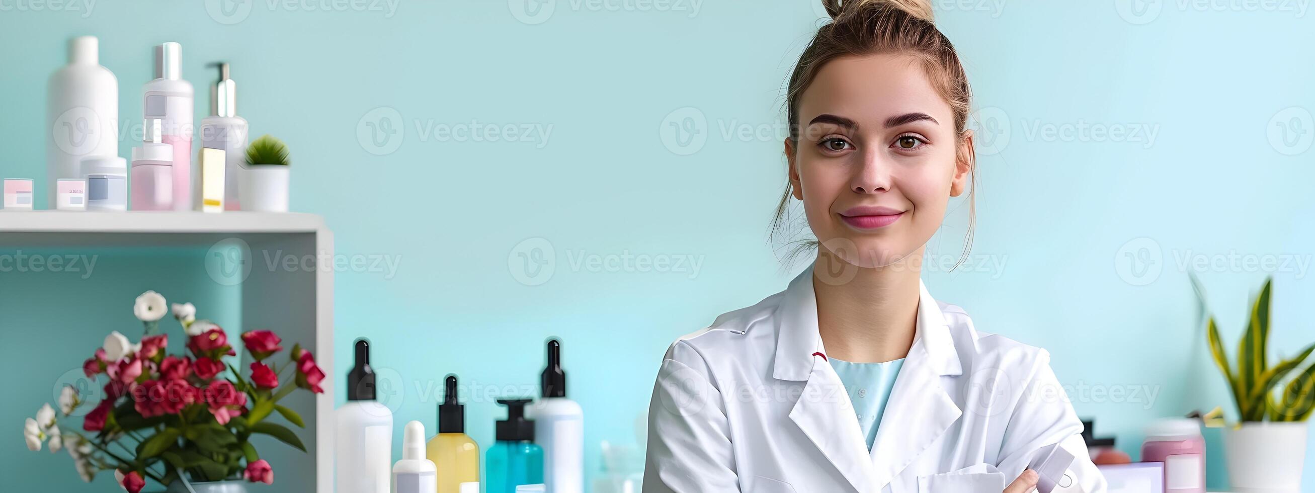 Happy Young Skin Care Specialist Radiating Joy and Expertise in Vibrant Workspace photo