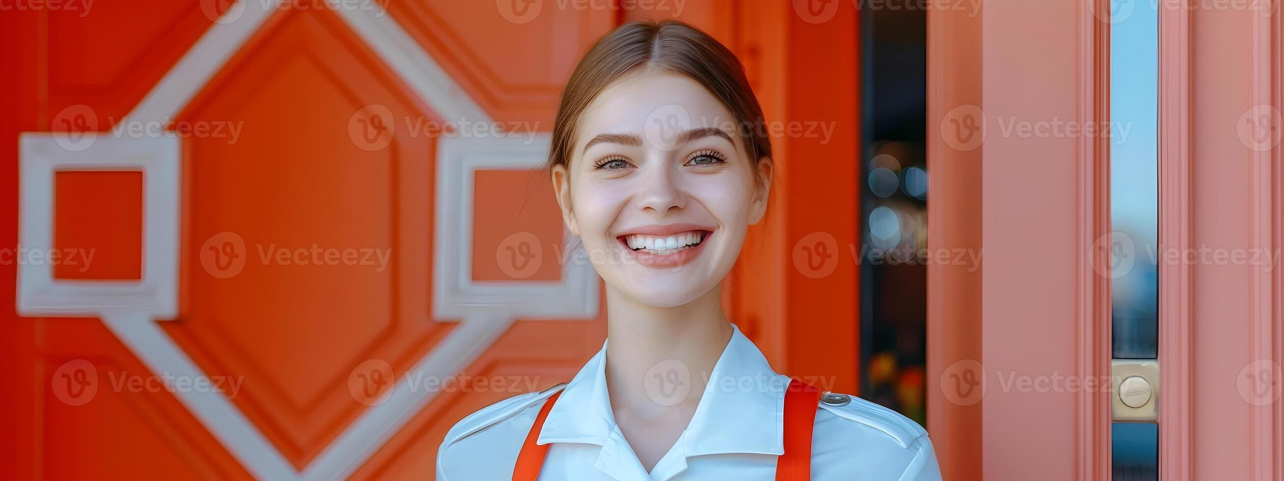 Hotel Front Door Greeter Young Professional Exuding Happiness and Excellence photo