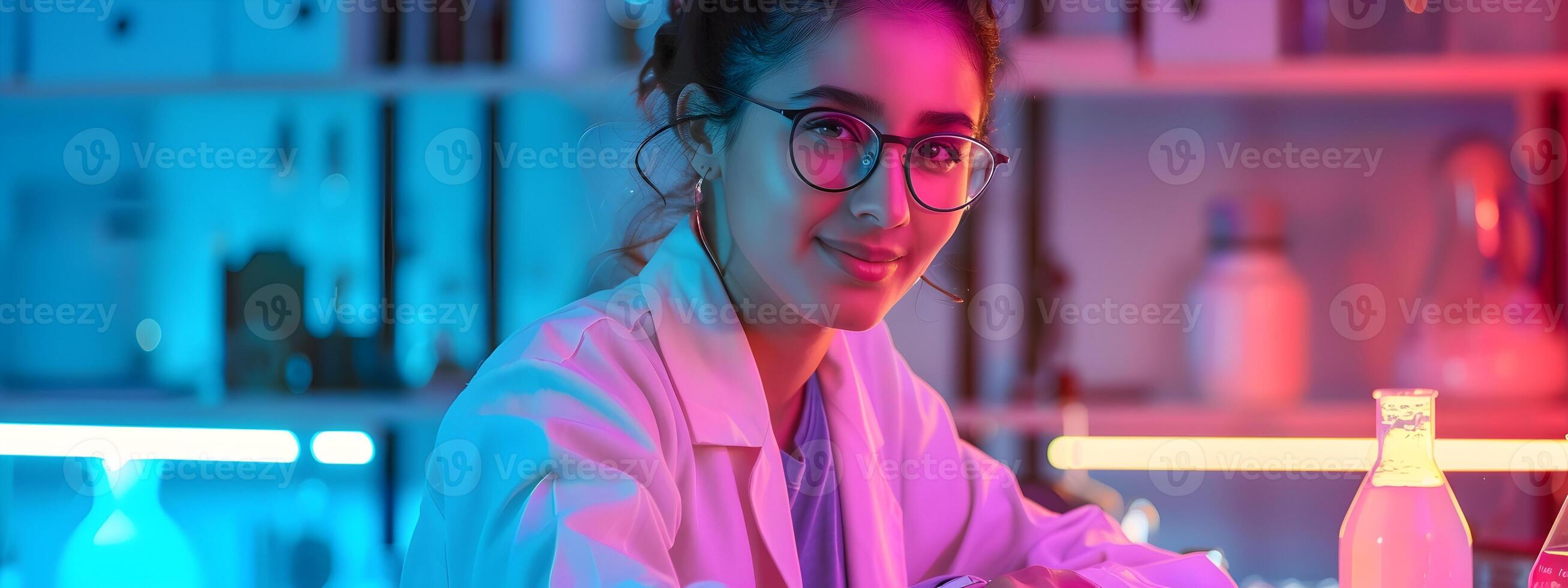 Young Atmospheric Scientist Exuding Happiness While Diligently Working on Colorful Research Background photo