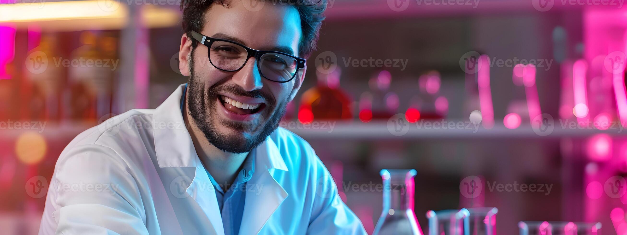 Young Atmospheric Scientist Exuding Happiness While Conducting Research in a Vibrant Lab photo