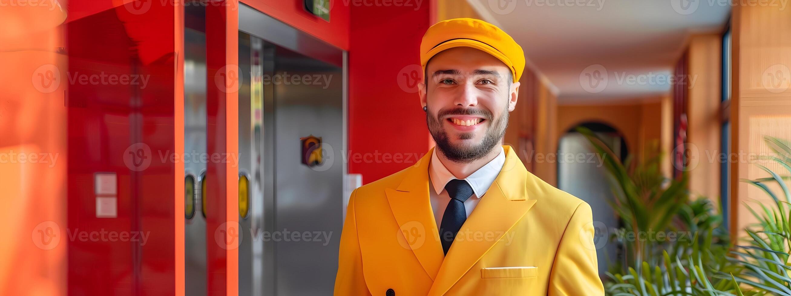 Young Hotel Front Door Greeter Exuding Happiness and Professionalism in a Colorful Environment photo