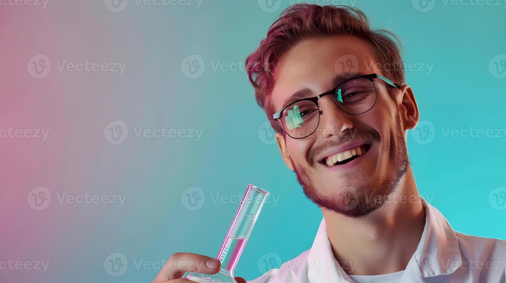 Young Chemists Joyous Portrait Embracing Knowledge and Innovation in a Vibrant Laboratory photo