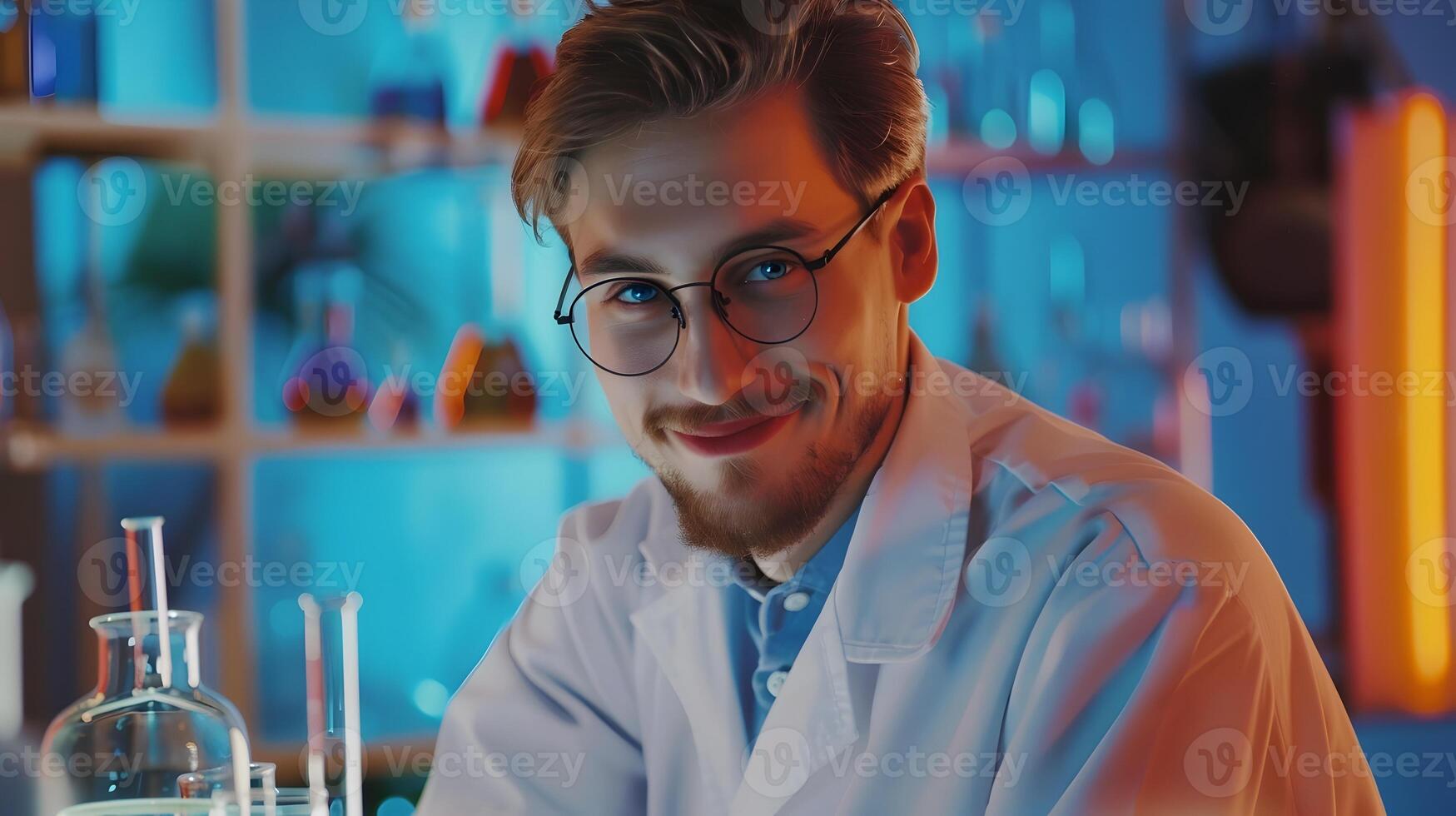 Young Molecular Scientist Excitedly Pursuing Breakthrough Research in Vibrant Lab Environment photo