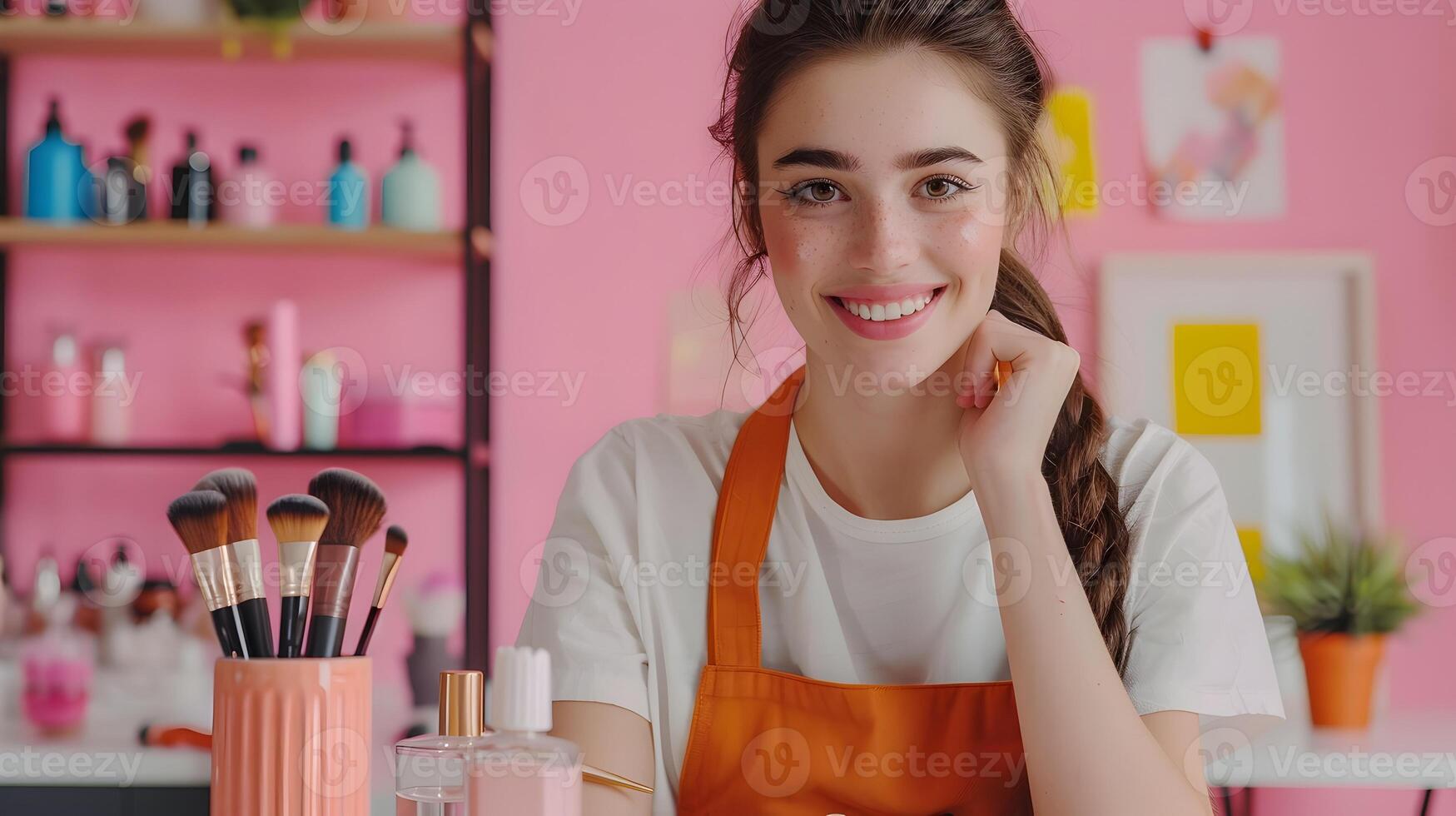 Young Makeup Joyful Work Moment A Vivid Portrayal of Passion and Skill photo