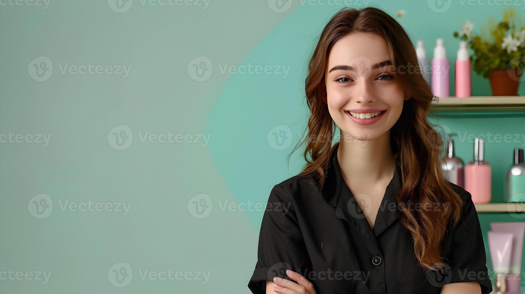Young Cosmetologists Joyous Devotion to Enhancing Beauty on Colorful Backdrop photo