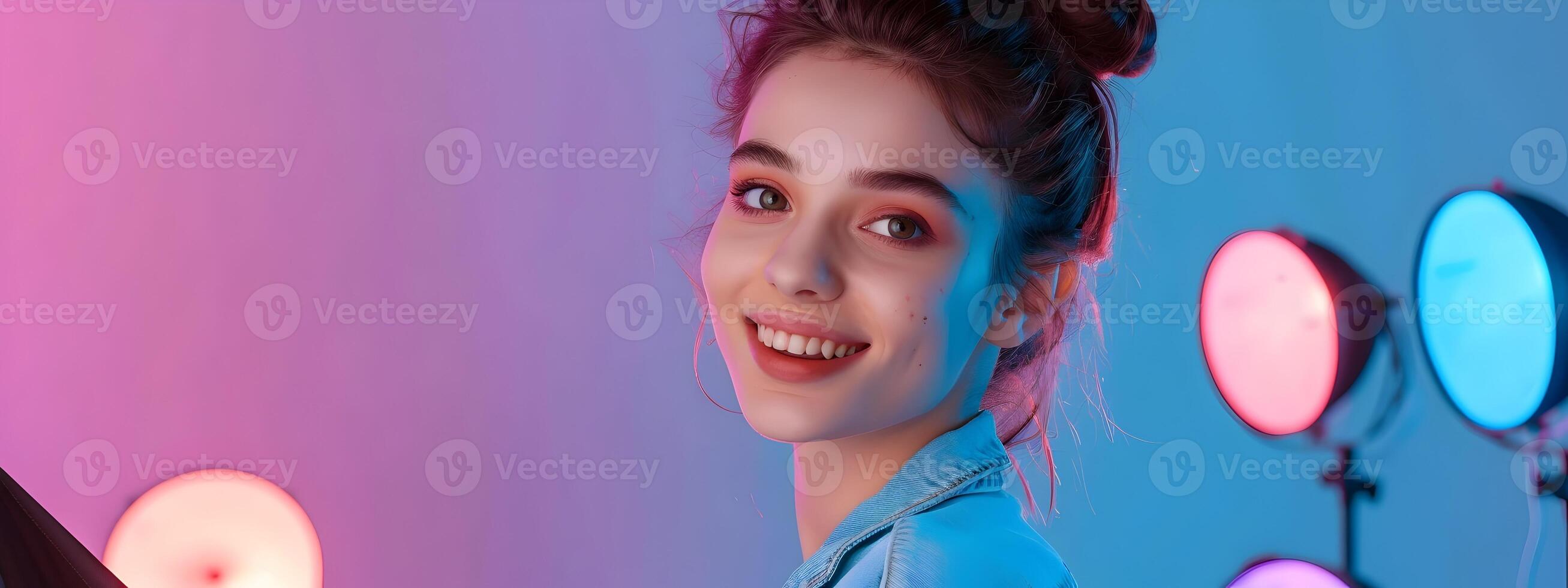 Young Makeup Joyous Devotion to her Craft Expertly Demonstrated in a Vivid Portrait photo