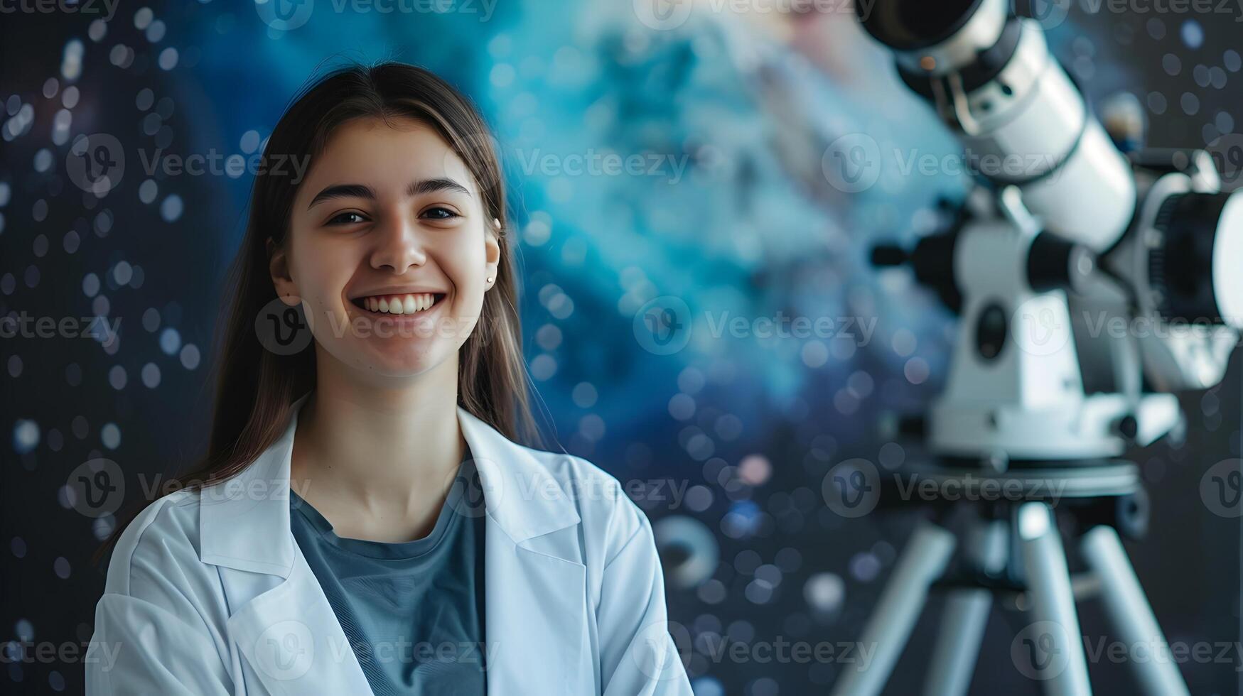 Young Prodigys Passion A Happy Astronomer Diligently Working on a Colorful Space Observation photo