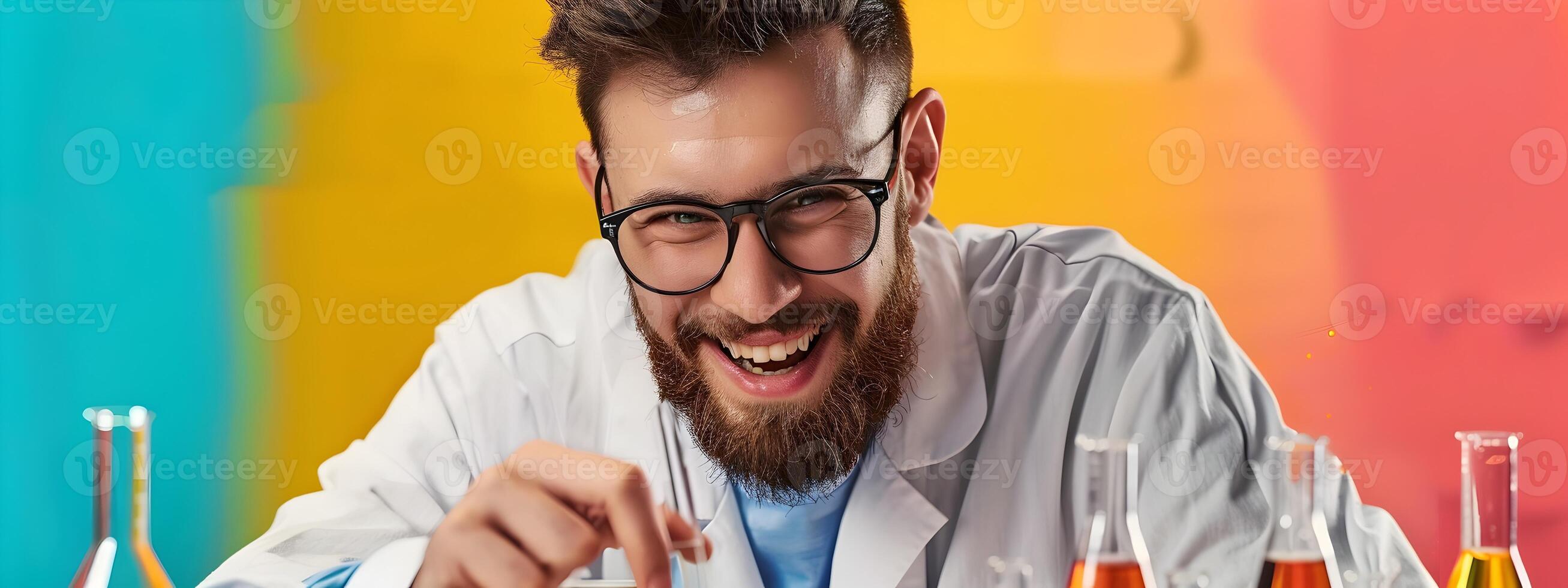 Young Molecular Scientist Exuding Joy in Vibrant Lab Environment photo