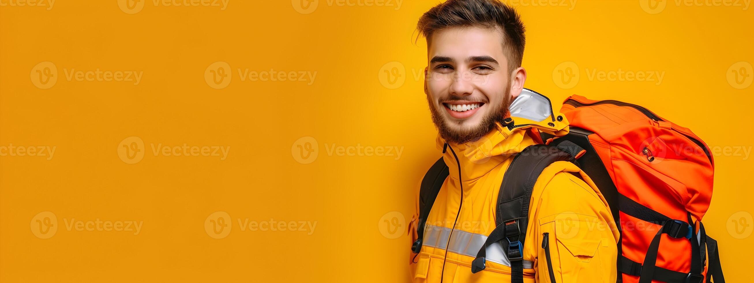 Dedicated Emergency Relief Worker A Portrait of Young Humanitarian in Action on Color Background photo
