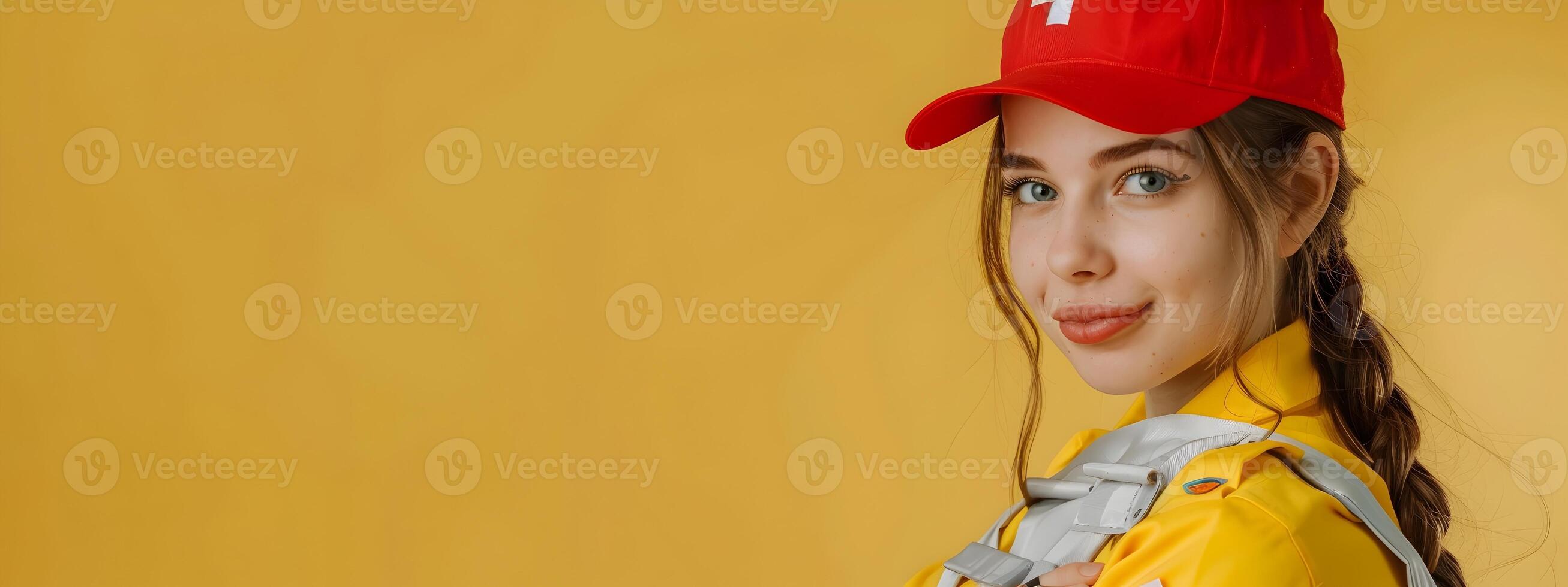 Cheerful Red Cross Volunteer Devoted to Community Service A Portrait of Unwavering Compassion and Dedication photo