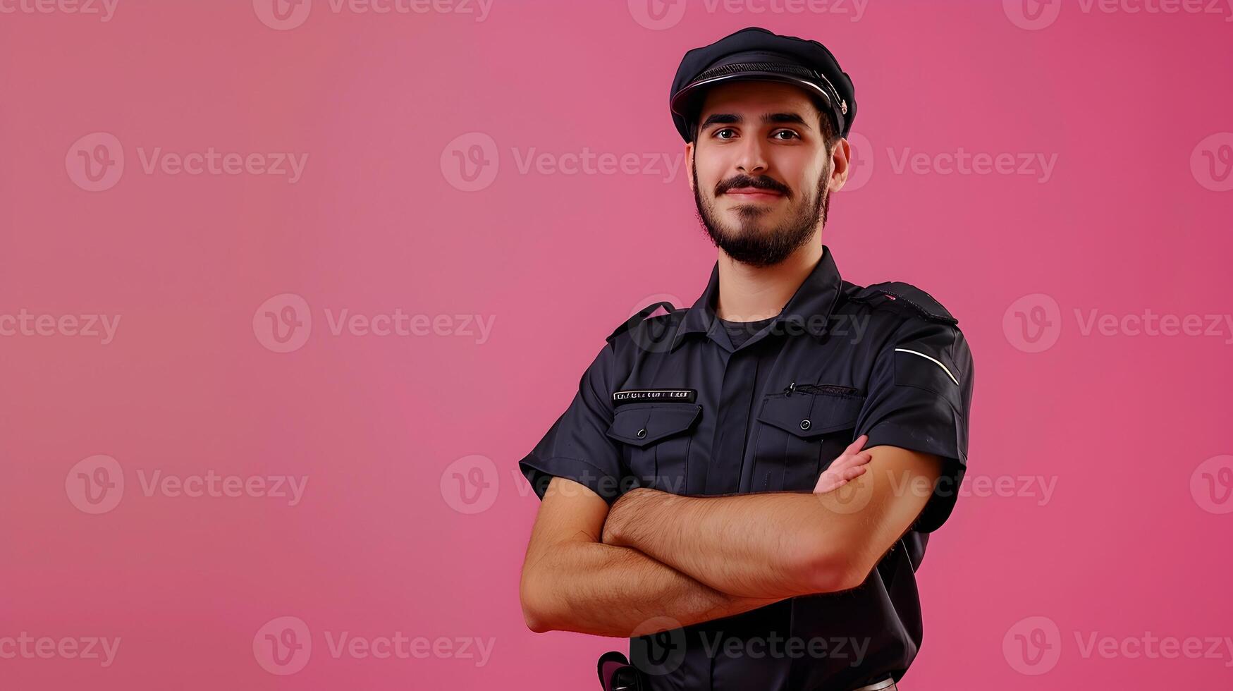 Dedicated Young Security Guard Exuding Professionalism and Happiness in Colorful Portrait photo
