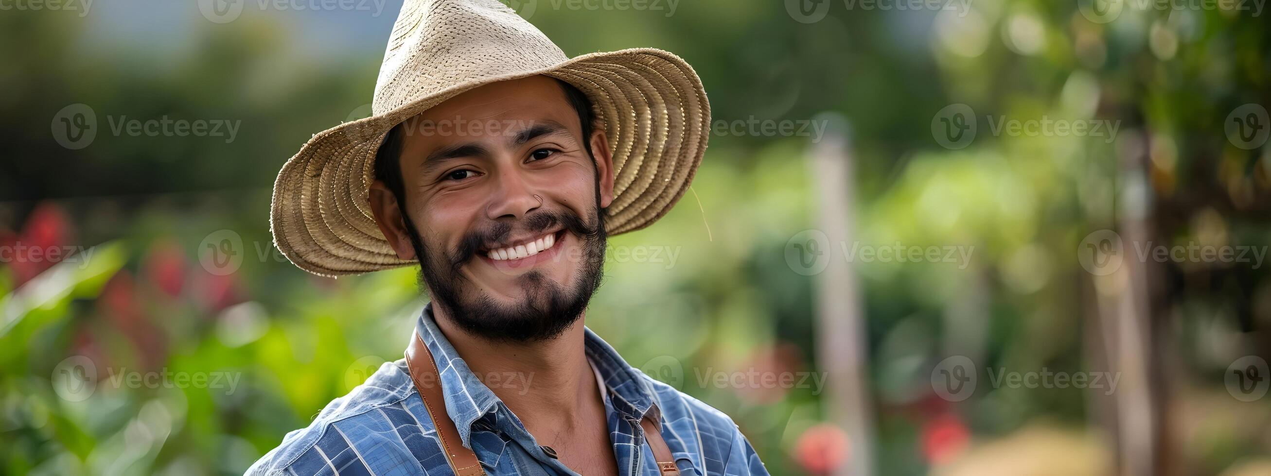 Cheerful Young Farm Worker in Vibrant Field A Portrait of Joy and Sustainability photo