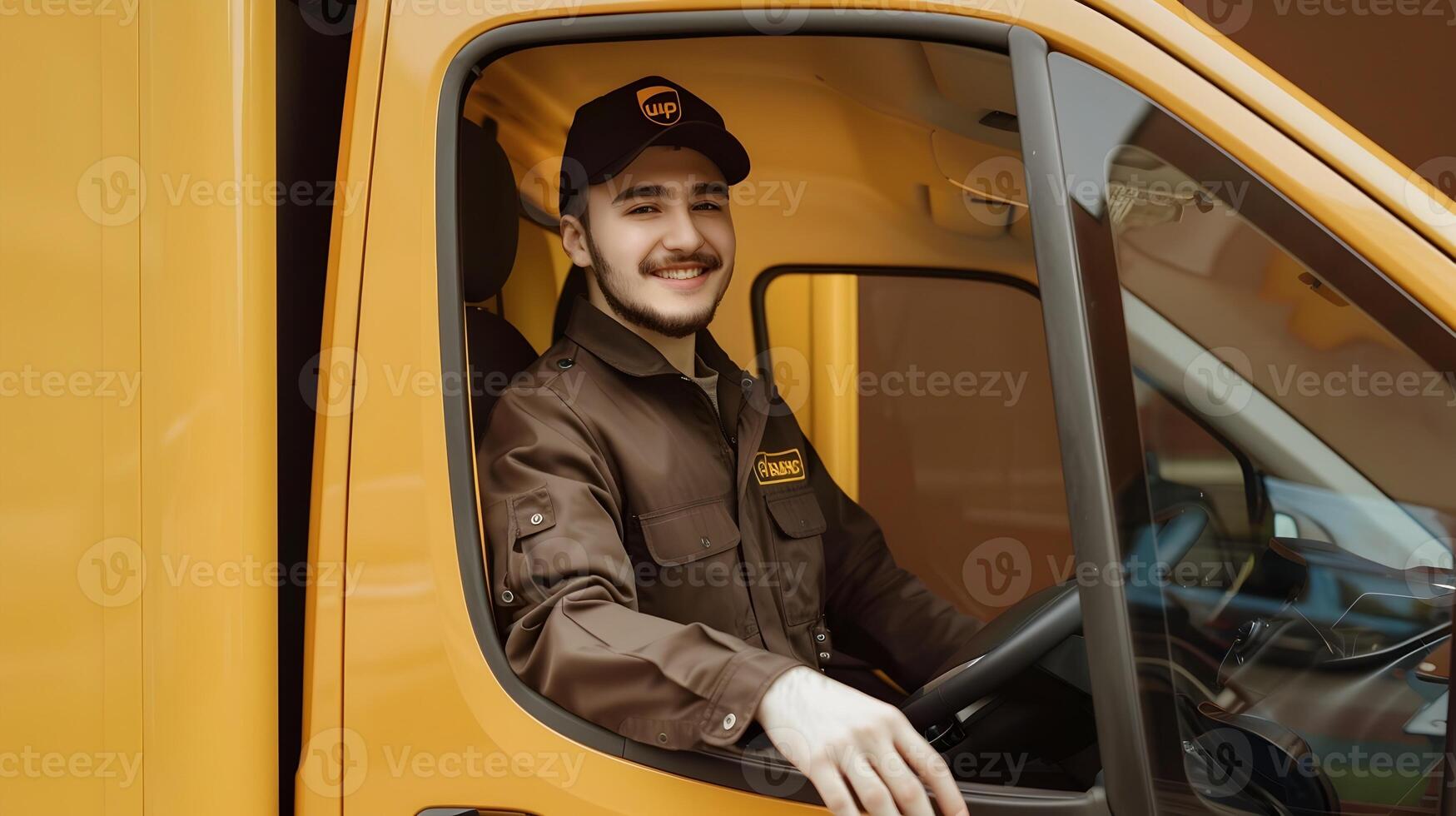 Enthusiastic UPS Driver in Action A Portrait of Modern Delivery Service Excellence photo