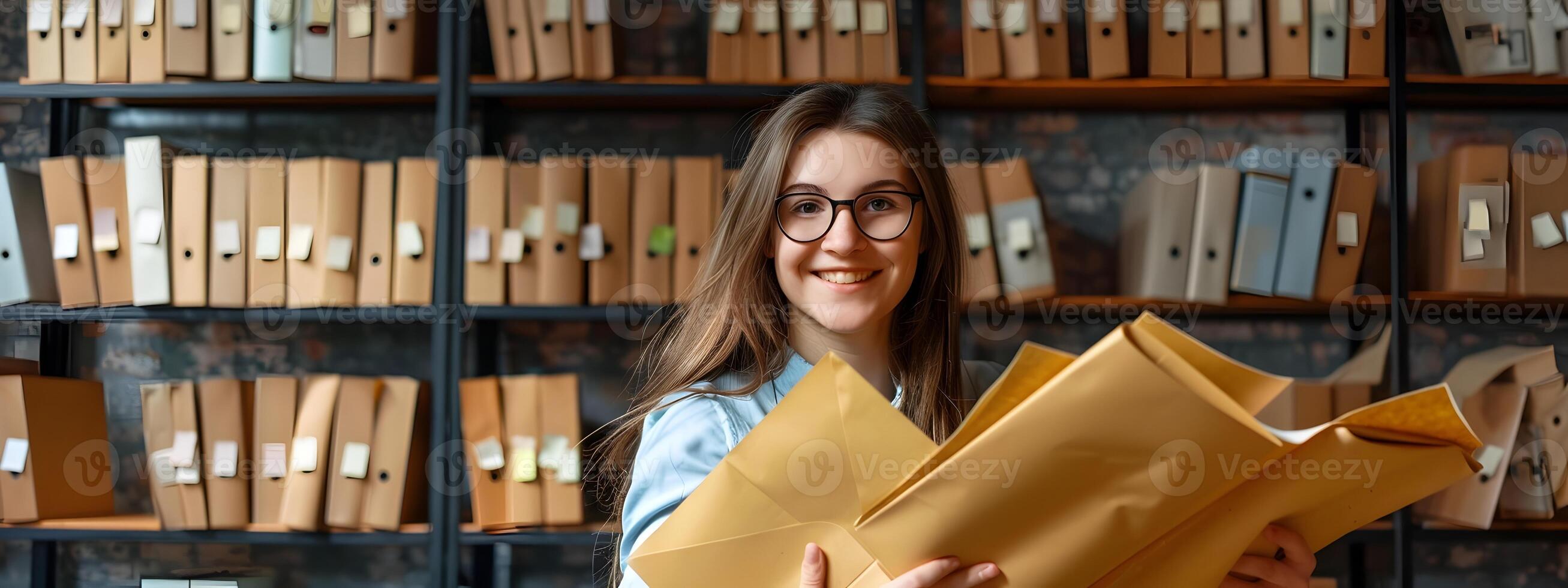 Enthusiastic Young Archivist Excels in Records Management on Colorful Background photo
