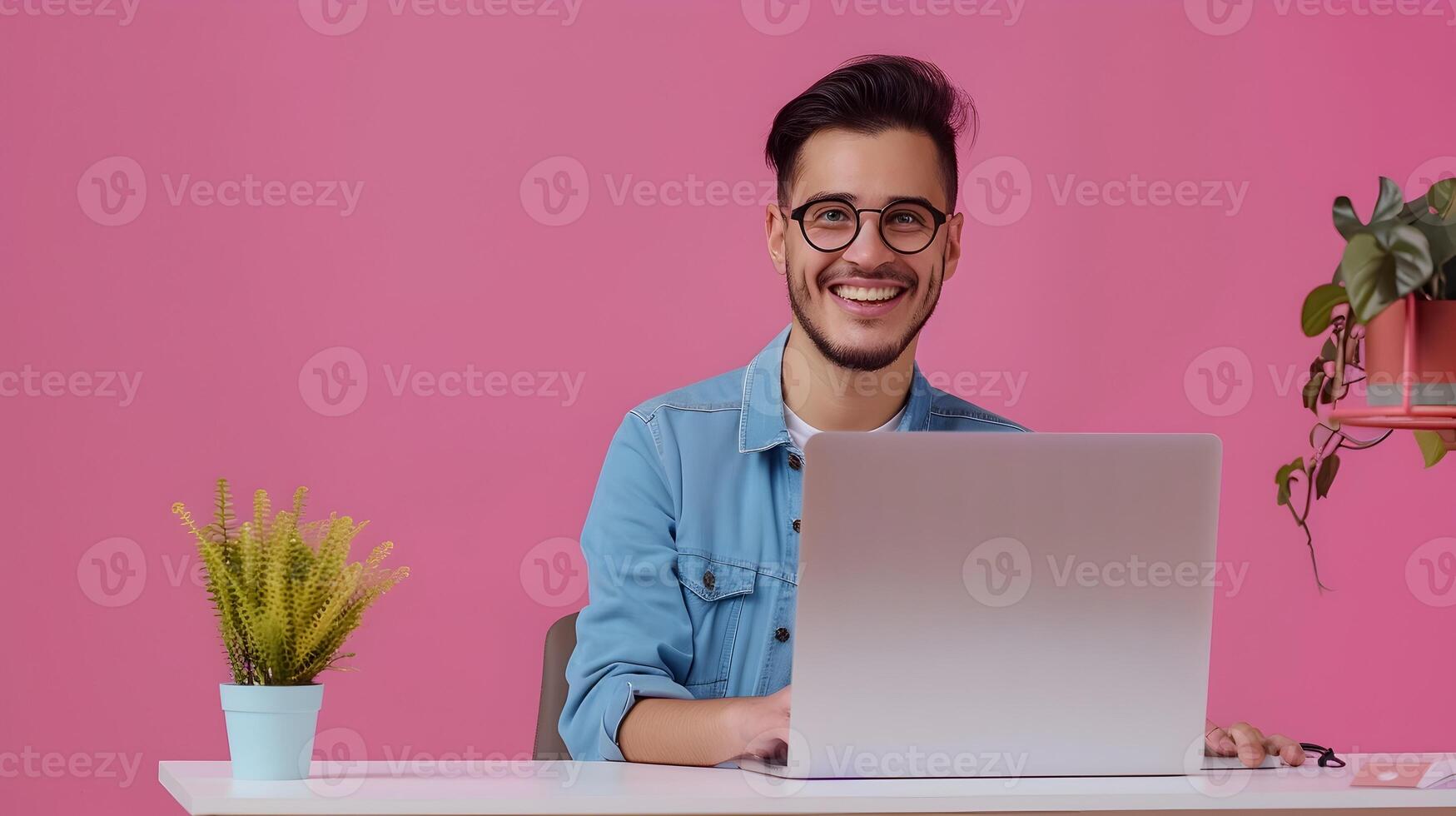 Happy Young Content Creator Exuding Success while Working on a Colorful Background photo