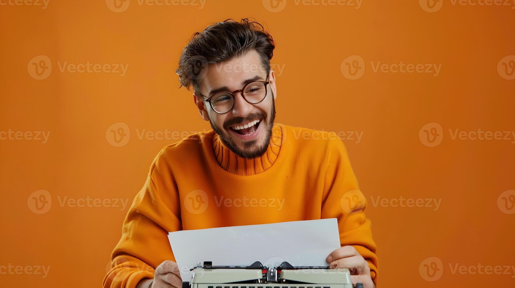 Happy Young Speechwriter Exuding Success and while Working on a Colorful Background photo