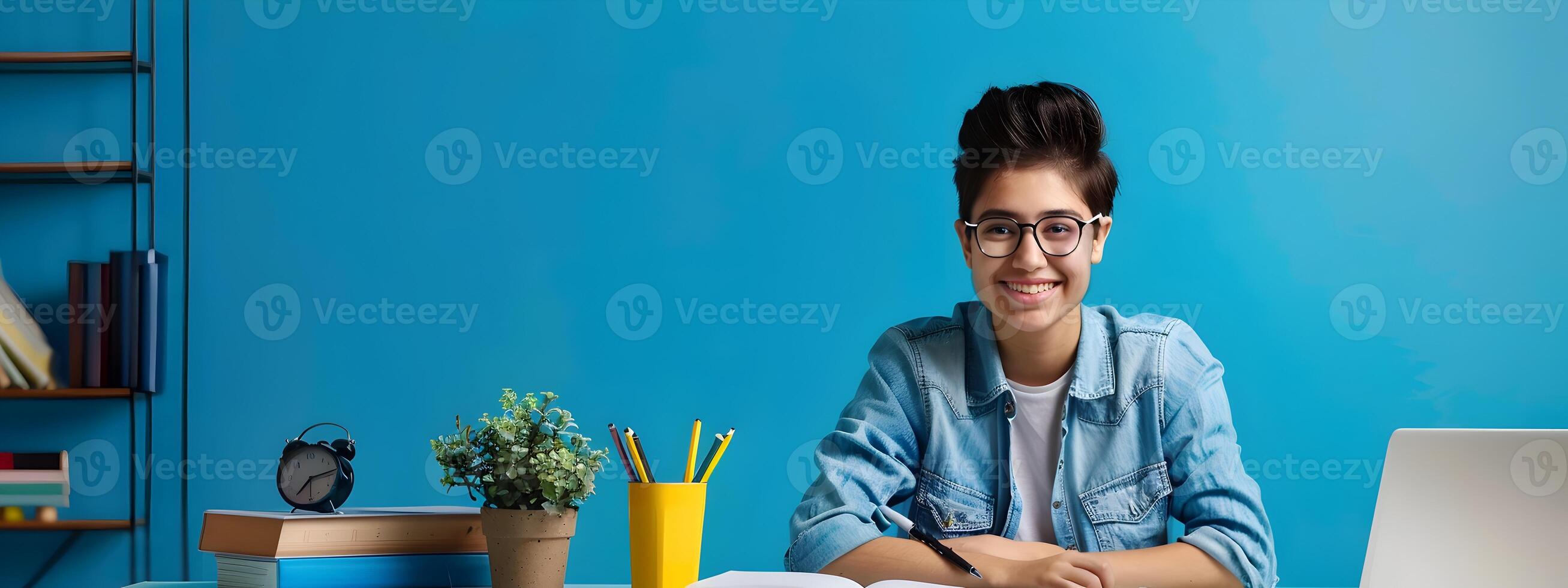 Happy Young Grant Writer Exuding Positivity While Working on Colorful Background photo
