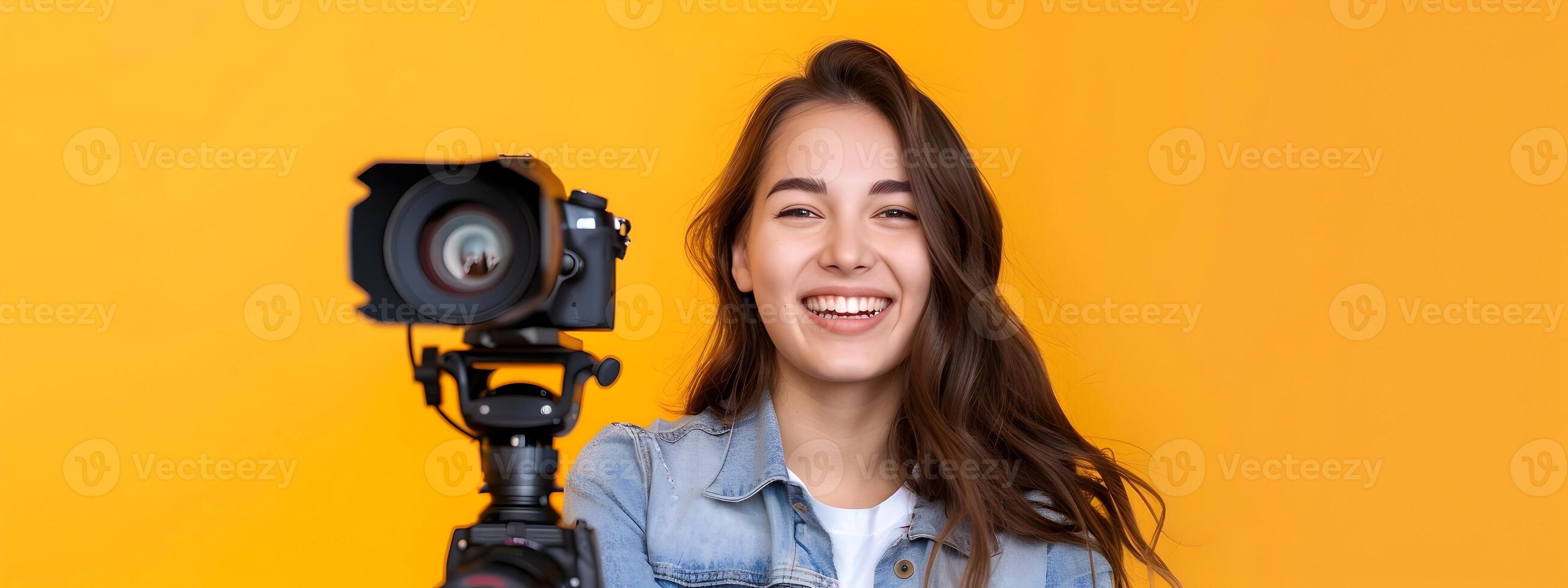 Happy Young Journalist Exuding Optimism While Working on News Story photo