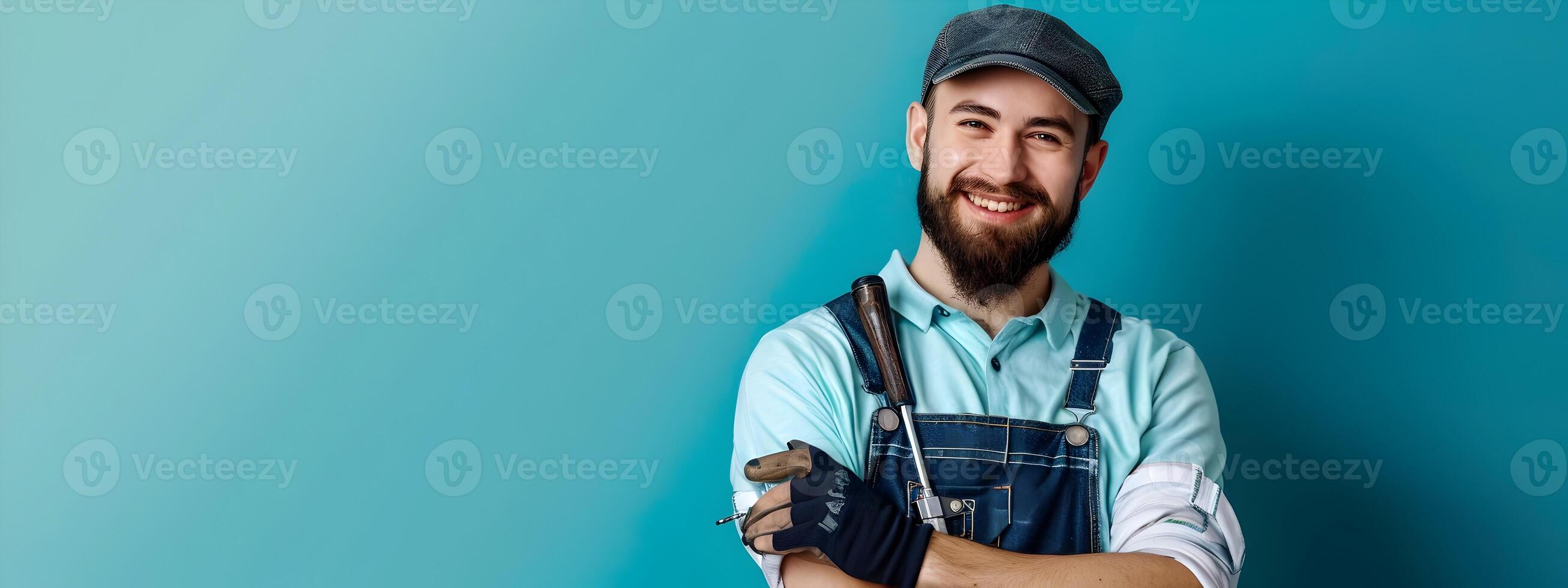 Happy Young Locksmith Expertly Working with Locks on Colorful Backdrop photo