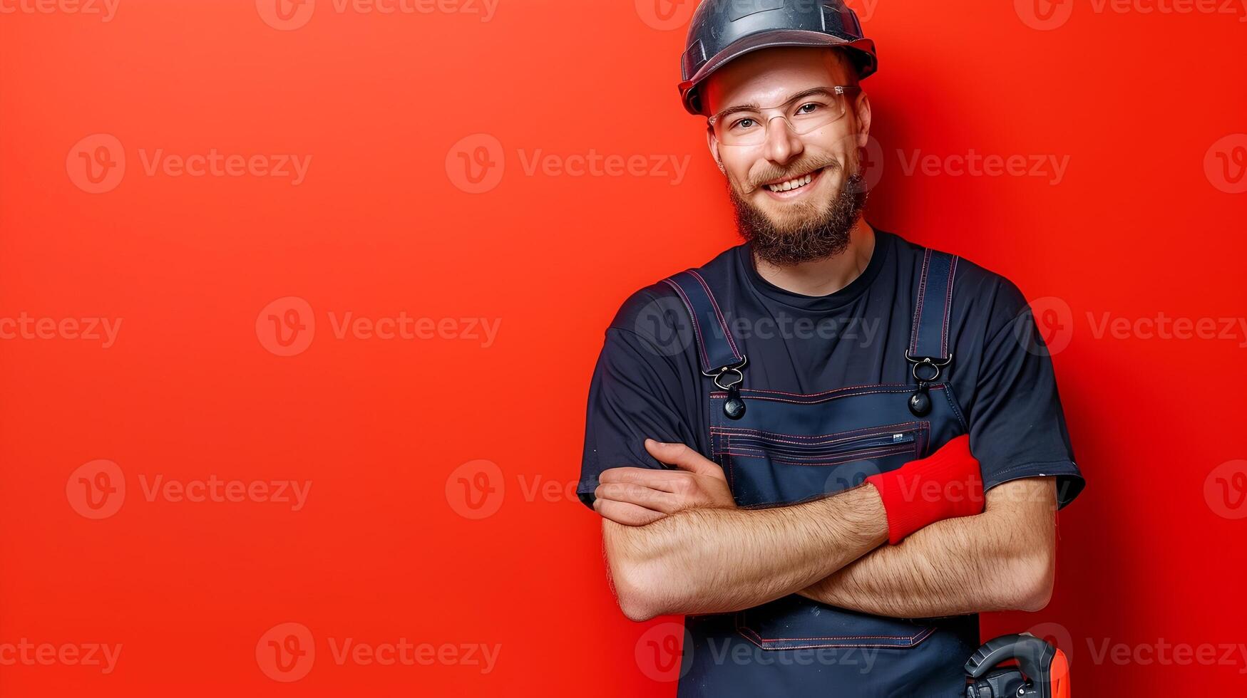 Happy Young Locksmith Expertly Working on a Colorful Background photo