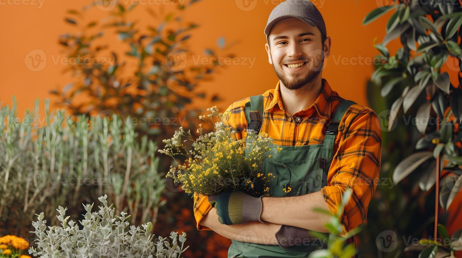 Happy Young Landscaping Worker Embracing a Fulfilling Career in a Colorful Garden photo