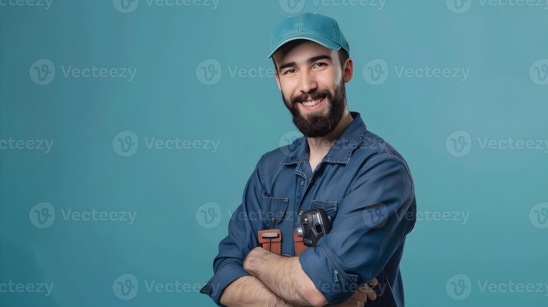 Happy Young Locksmith Exuding Confidence in a Colorful Workshop photo