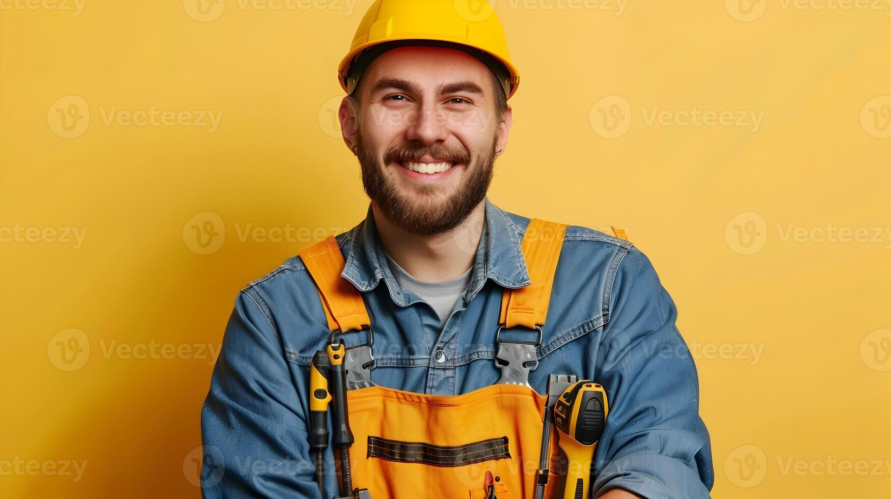 Happy Young Mechanic Excels in Colorful Garage Portrait of Auto Repair Professional photo